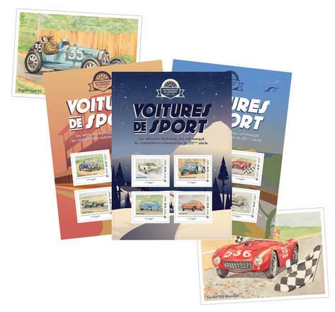 timbres, voiture et cinema, la poste, voiture ancienne, voiture et vacances, kit collector