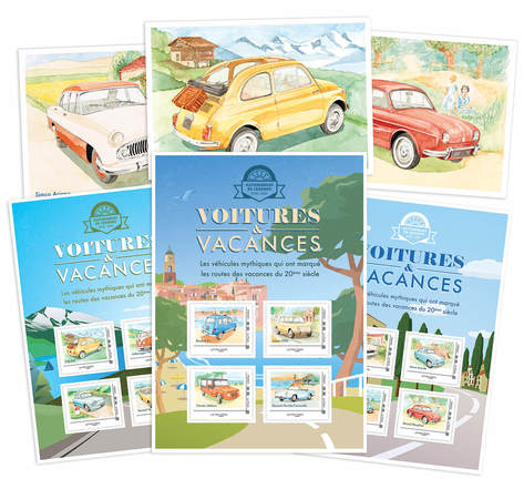 timbres, voiture et cinema, la poste, voiture ancienne, voiture et vacances, kit collector