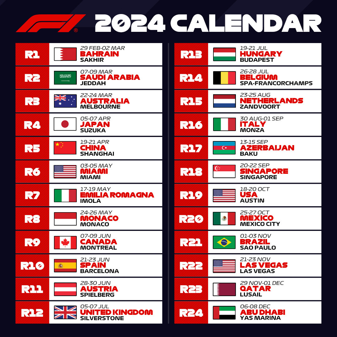 Calendrier 2024 24 Courses Pr vu Pour Le Championnat Du Monde De F1